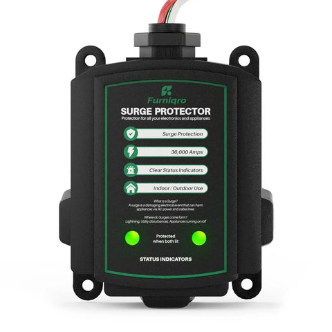 Front view of 36,000 Amp Whole House Surge Protector For 120/240V, black compact design with status indicators, indoor/outdoor use