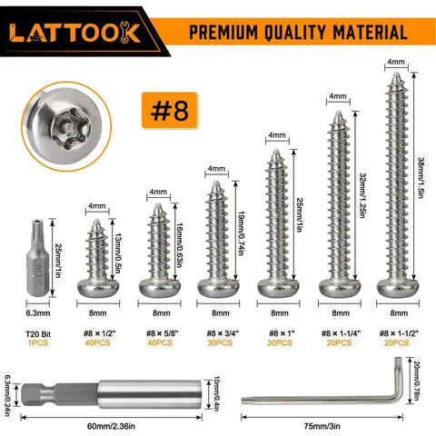 180-Piece No 8 Torx Security Screws Kit sizes and components, including T20 bit and wrench, shown with screw measurements and stainless steel material.