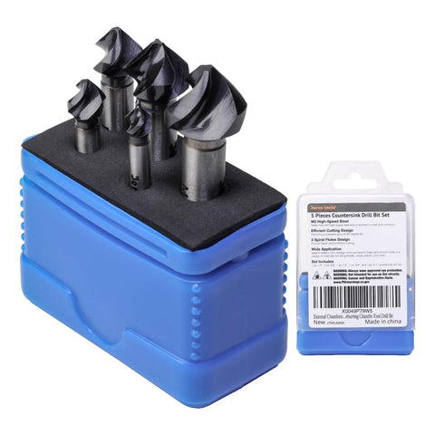 Pro Grade Countersink Drill Bit Set 5 Piece M2 High Speed Steel With 82 Degree Countersink in blue storage case