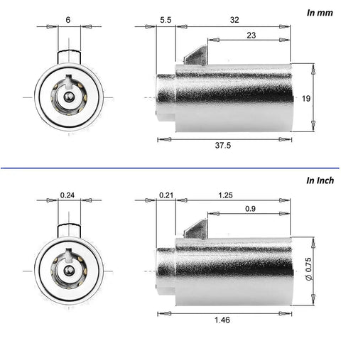Technical diagram of Tubular Vending Machine Lock With Keys Three Pack Keyed Alike Zinc Alloy Chrome Durable Workhorse Replacement Lock