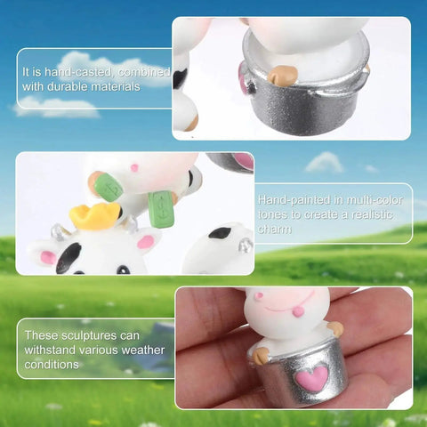 Close-up of 8 Pcs Cute Cow Car Dashboard Ornaments Set For Interior Decor, showcasing hand-painted resin cows in various poses.