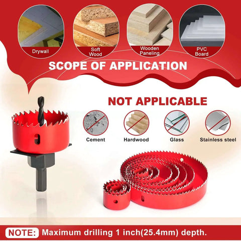 Heavy Duty Hole Saw Set With Double Ground Teeth 24 Piece Kit For Drywall Wood Plastic And PVC Angelsword Edition Includes Fourteen Saw Blades From Three Quarters Inch To Six Inches And Two Mandrels displayed with red saw blades.