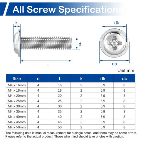Specifications chart for 125Pcs Cabinet Screws And Drawer Knobs Kit With M4 Machine Screws Assortment, size details included.
