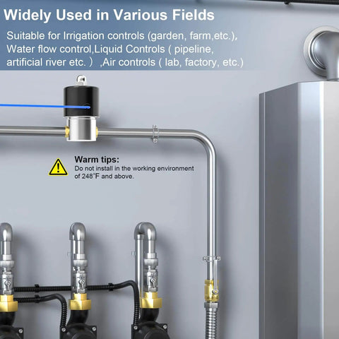 Quarter Inch NPT 304 Stainless Steel Electric Solenoid Valve Normally Closed For Water Air Diesel 110V AC shown in pipeline setup