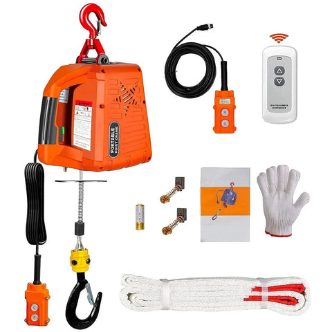 3 In 1 Electric Hoist Winch 2200 Lbs 110V With Remote And Manual Controls, orange unit with accessories including cable, remote, and hook.