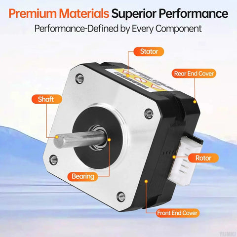 Detailed view of NEMA 17 stepper motor components, including shaft and rotor, illustrating premium materials for reliable 3D printing.