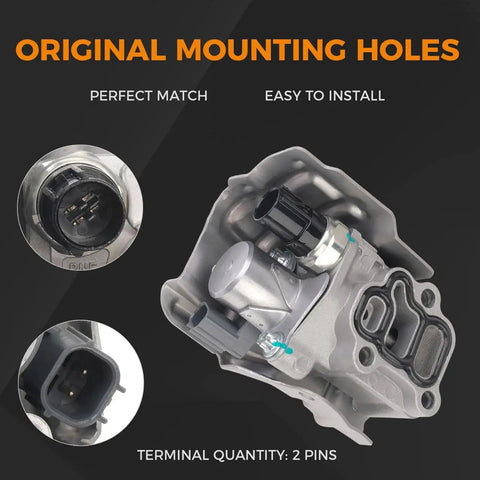 VTEC VVT Solenoid Spool Valve OCV Oil Control Plug And Play Direct Fit Replacement For Honda Civic Accord CR V Element RSX Acura 2Point0L 2Point4L L4 Engines 15810RAAA03 917224, showing original mounting holes and connector details