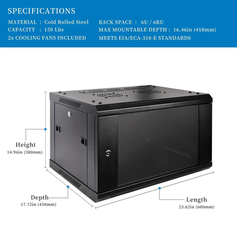 Specifications of 6U Wall Mount Server Cabinet Enclosure With Quiet Cooling Fans 2x, Brush Cable Management Panel, Adjustable Rails, Black Finish