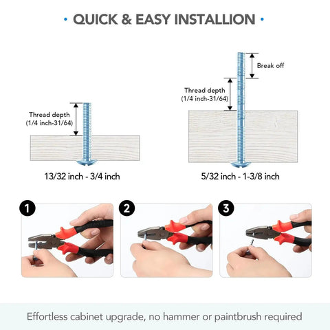 Diagram showing quick installation of 10 Pack 5 Inch Champagne Bronze Cabinet Handles, with thread depth and break-off instructions.