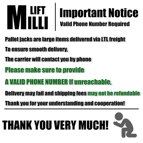Pallet jack delivery notice sign with M LIFT MILL logo, green text, and kneeling figure icon.