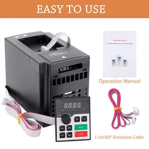Beefy 1.5KW 2HP 110V AC VFD Converter single to 3 phase inverter with digital display, cables, and manual.