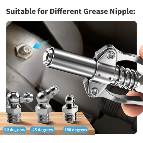 Grease gun coupler, 12000 PSI, 1/8 NPT dual-handle head; leak-proof fittings with three adapters (90, 45, 180 degree).