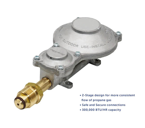 Heavy Duty Horizontal Mounted 300000 BTU Two Stage Propane Regulator With POL for RVs, aluminum and brass construction, side view
