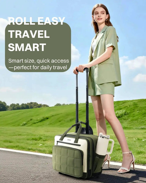 Woman with Rolling Puffer Laptop Bag for Women With Wheels, 16 Inch Wheeled Computer Case, green underseat carry-on luggage