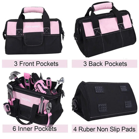 Pink 232-Piece Drill Set With 20V Cordless Drill Driver And Home Tool Kit For Women with 12-Inch Storage Bag showing pockets