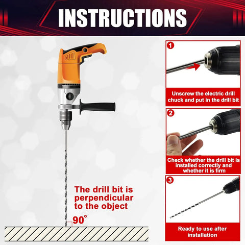 Drill instructions with an Extra Long Brad Point Drill Bit Set For Wood, showing installation and alignment steps for optimal use.