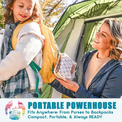 Mother placing Rescue Pack Family First Aid Kit in child's backpack outside a tent, showcasing its travel-friendly size and design.