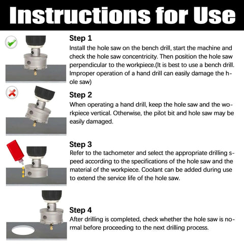 Instructions for using Heavy Duty 15 Piece Carbide Hole Saw Kit With Pilot Drill From Five Eighths To Three Inches For Metal And Plastic Projects, Cuts Stainless Steel Iron Mild Steel Aluminum Fiberglass, Includes Two Hex Spanners Vearter.
