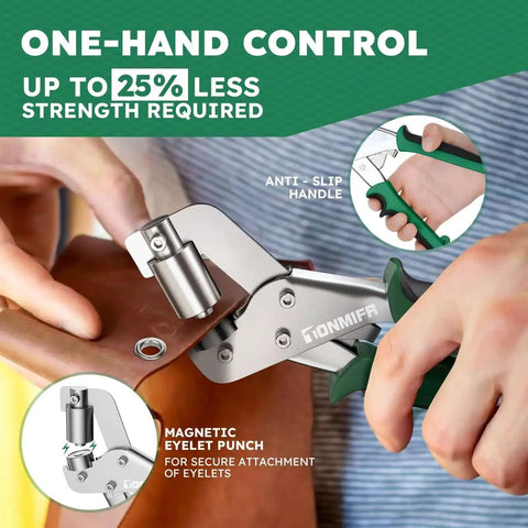 Using Beast Mode Grommet Tool Kit with 3/8 inch eyelets on fabric, showing anti-slip handle and magnetic eyelet punch features.