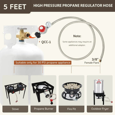 Adjustable 0-30 PSI Propane Regulator With Built In Gauge And Five Foot Stainless Braided Hose for propane appliances display