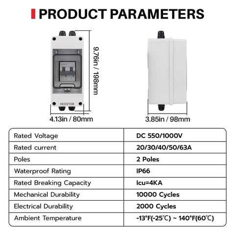 63 Amp DC Solar Disconnect Switch Isolator 1000V For Solar Power Weatherproof RV Breaker Box with product dimensions