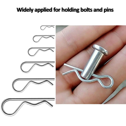 Close-up of zinc-plated steel R clip from 24 Piece Cotter Pin Assortment Kit with R Clips Heavy Duty Zinc Plated Spring Fasteners for Auto Repairs