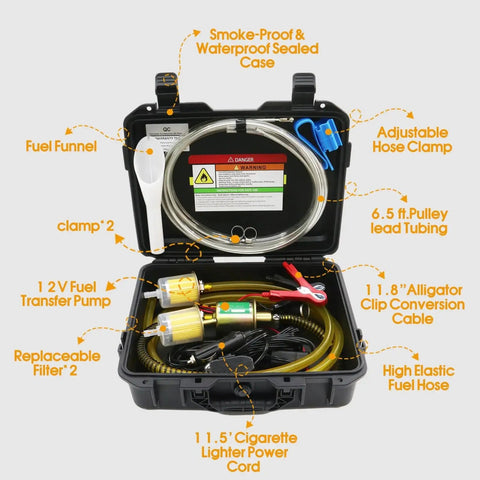 Portable 12V Fuel Transfer Pump Kit With 30 GPH Flow For Cars Boats And Heavy Equipment in carrying case