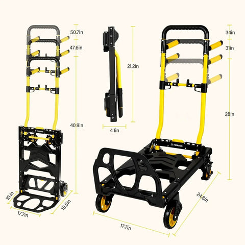 Heavy Duty Two In One Folding Hand Truck Dolly With Retractable Handle And Four Smooth Rubber Wheels, 330 Lb Capacity, Portable Cart