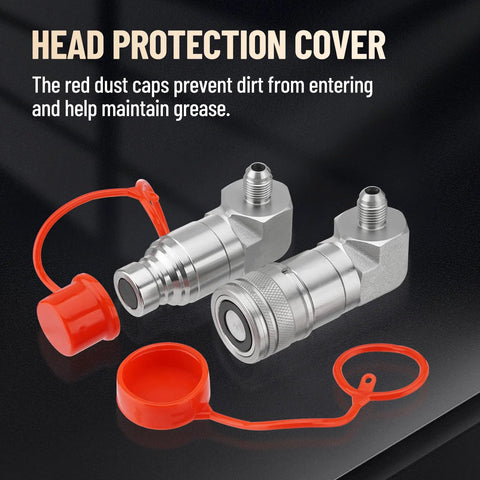 Metlead 90 degree elbow skid-steer hydraulic quick-connect two couplers, 1/2 in body, 3/8 in JIC male threads, red caps