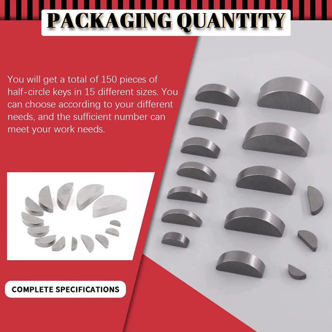 Woodruff Key Half Moon Assortment Kit 150 Pcs in 15 Sizes Carbon Steel Semicircle Keys for Fasteners and Mechanical Projects