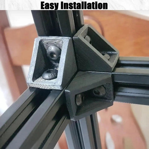 Close-up of 31.5 Inch 2020 Aluminum Extrusion T Slot Rail European Standard Anodized Black Linear Rail installed with connectors