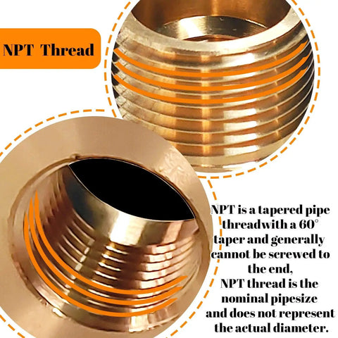 Close-up view of brass NPT thread detailing on a 2 Pack Brass NPT Reducer Bushing Three Quarter Inch Male To One Half Inch Female Hex.