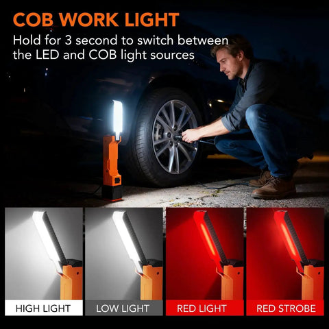 All In One Rechargeable Work Light With Dual COB Flood And LED Spotlight in use for car repair with various lighting modes shown