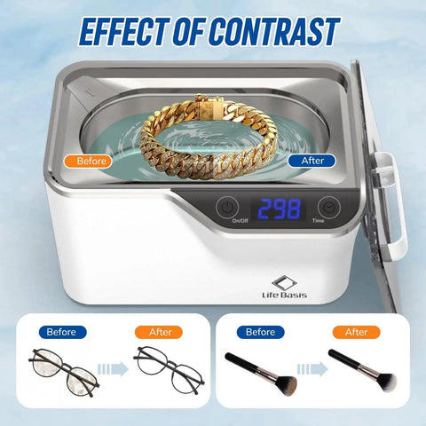 Front view of LifeBasis ultrasonic jewelry cleaner in white with digital timer and a bracelet inside.