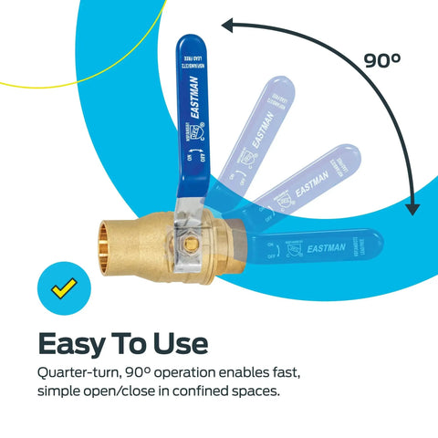 Heavy Duty Full Port Brass Ball Valve For 1 Inch Sweat Connections In Line Plumbing Fitting For Copper Piping In Residential And Commercial Systems Eastman 20065LF Delivers Maximum Water Flow With Minimal Pressure Loss And No Fuss In Line Install showing 90-degree handle operation