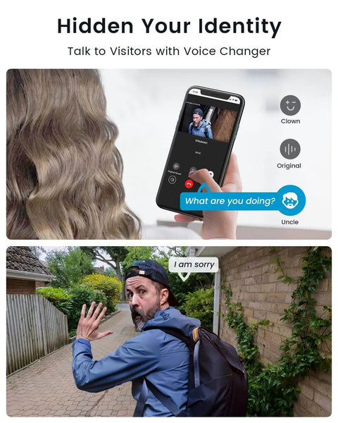 2K Wireless Doorbell Camera With Adjustable Mount No Monthly Fee Local SD Storage Real-Time Alerts Motion Detection 2-Way Talk With Voice Changer Built-In Chime 2.4GHz WiFi Pan And Tilt Angles Easy Install displaying voice changer feature