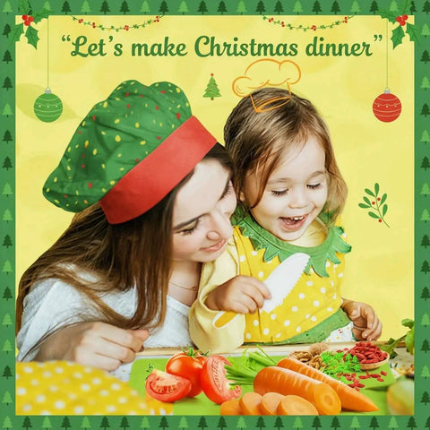 Toddler using Montessori-style knife set with cutting board and crinkle cutters, supervised during Christmas dinner preparation.
