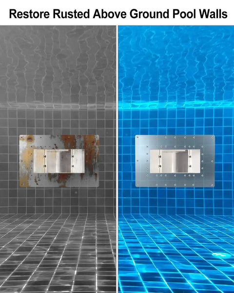 Before and after image of a pool wall with Wide Mouth Pool Skimmer Repair Kit For Rusted Wall Areas installed.