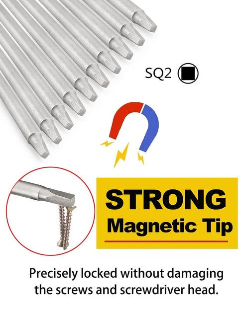Close-up of Long Magnetic Square Drive Screwdriver Bit Set, 1/4 Inch Hex Shank, 6 Inch Length, 10-Piece S2 Steel Bits.