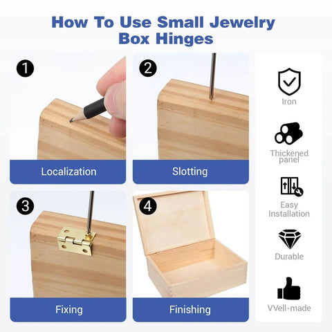 Guide showing steps to install 60 Sets Mini Hinges With Screws 0.6 Inch 270 Degree Folding Butt Hinges on a wooden jewelry box.