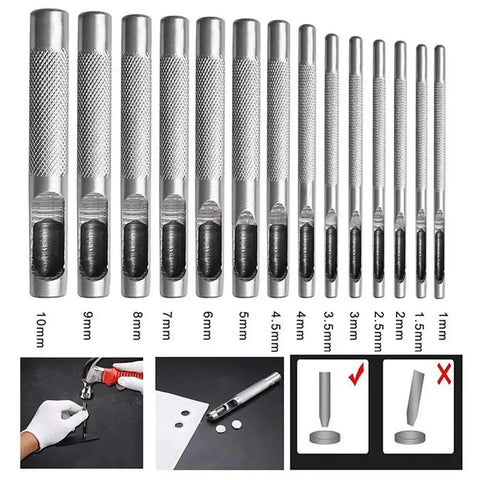 12 Piece Heavy Duty Leather And Canvas Hole Punch Set with sizes from 1mm to 10mm, ergonomic grip, for belts, watch bands, and craft projects.