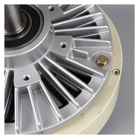 Electromagnetic brake clutch unit with silver metal housing and beige outer ring; close-up view of center shaft bearing