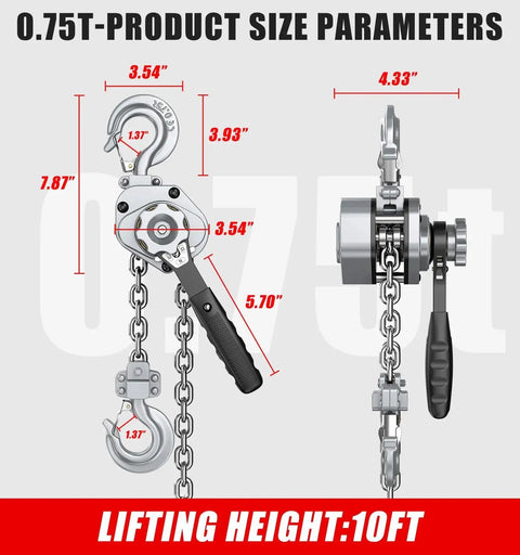 Compact Mini Lever Hoist Three Quarter Ton Capacity 1650 Lbs 10 Ft Lift Aluminum Housing G80 Chain Dual Brake Puller