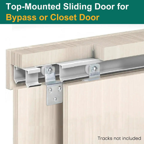 Four Pair Sliding Closet Door Roller Kit For Top Hung Doors With Three Quarters Inch Convex Wheels Ball Bearing Stamped Steel Rollers And Front Panel One Quarter Inch Offset And Rear Panel Three Eighths Inch Offset Brackets shown installed on door