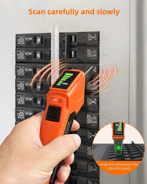 All In One Circuit Breaker Finder And Outlet Tester Kit With GFCI Tester in use on electrical panel