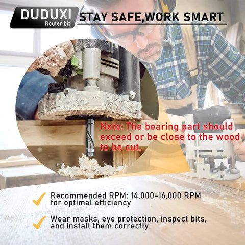 Carbide Compression Flush Trim Router Bit With One Quarter Inch Shank in use on woodworking project, safety tips shown.