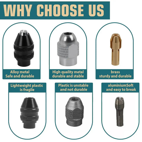 Comparison of Pro Grade Drill Chuck Collet Set and other materials, highlighting alloy, metal, and brass durability for rotary tools.