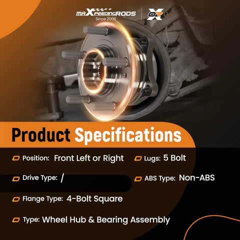 Front Wheel Hub And Bearing Assembly 513266 Replacement For Hyundai Santa Fe 2007 2014 Veracruz 2007 2012 And Kia Sorento 2011 2015 Five Lug Direct Fit Front Left Or Right Ready To Roll, product specifications with focus on 5 bolt, non-ABS, wheel hub.