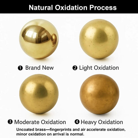 Unlacquered Brass Cabinet Knobs oxidation stages: brand new, light, moderate, heavy; sphere pulls transformation display.