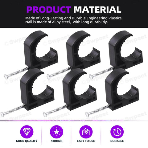 Black Half Clamp J Hook Nail Assortment Kit, 50 Pcs, Plastic Small J Clamps for PEX Tubing 1 Inch Pipe Support